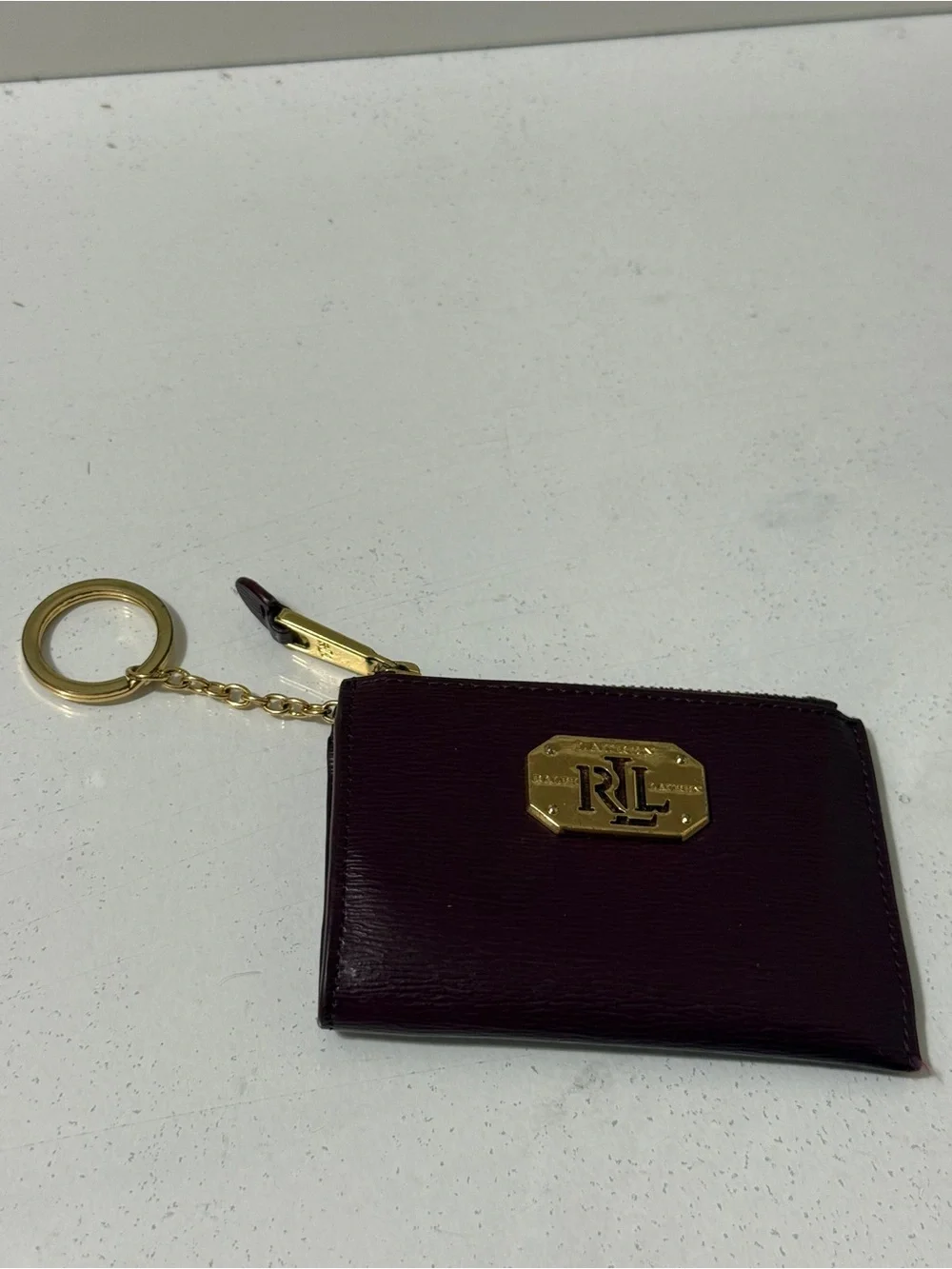 Ralph Lauren Deep Burgundy Leather Key & Card Holder with Gold RL Plaque